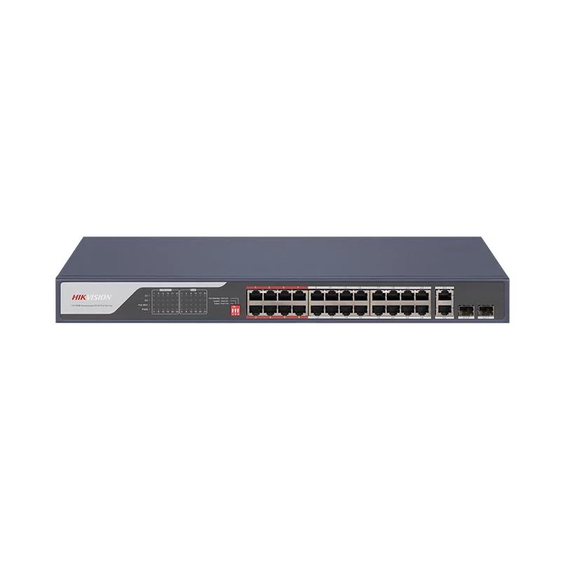 Hikvision DS-3E0326P-E(C) 24 port Unmanaged POE+ switch. Uplink: 2xRJ45 + 2xSFP. 370W budget. 300 m POE